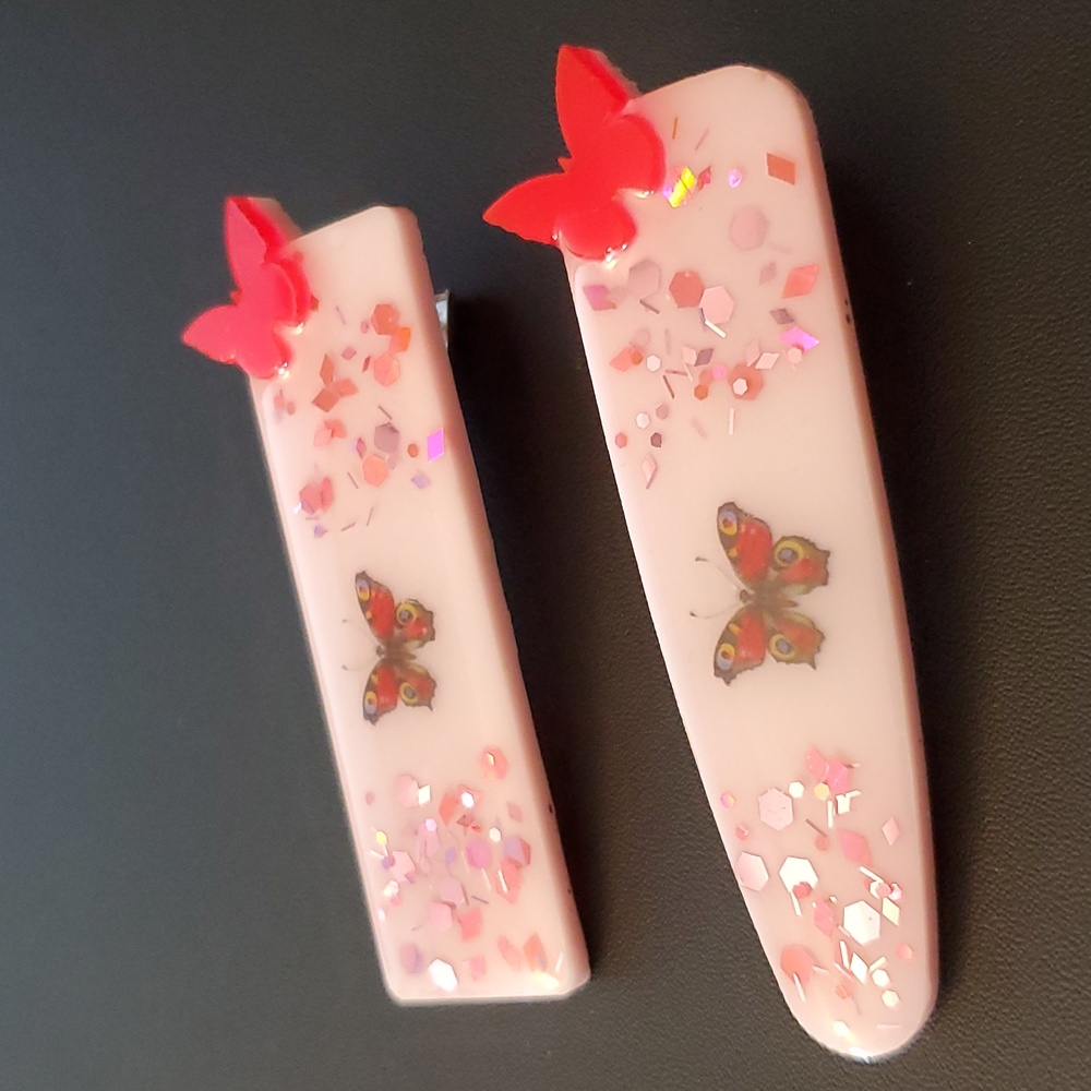 Hand-made HandCrafted Glitter Butterfly Vibes Resin Hair clip Barrettes New